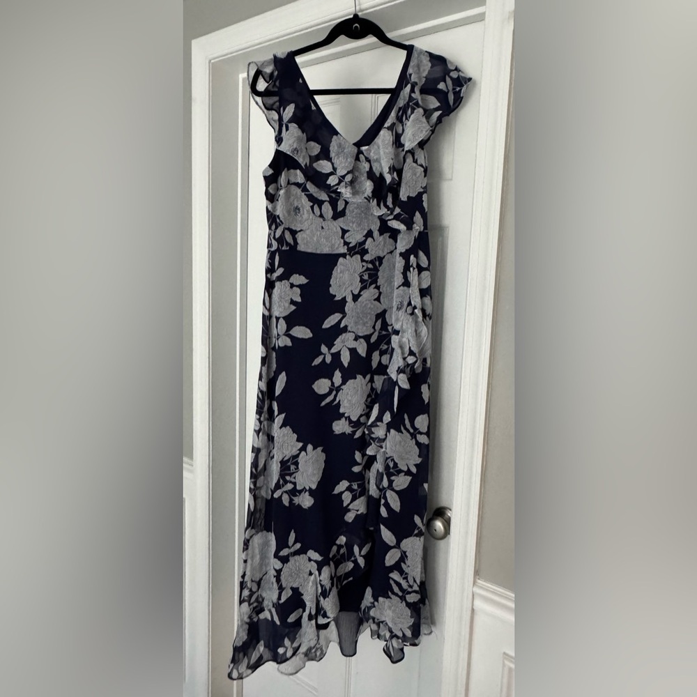 London Times Navy and Gray Floral Maxi Dress